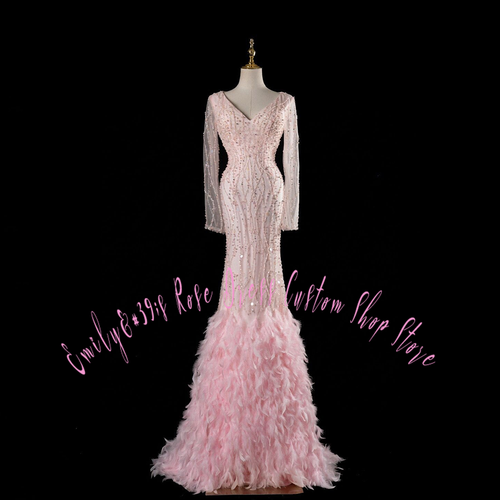Women Formal Event Wear - Glam Pink Feather Trumpet Evening Gown