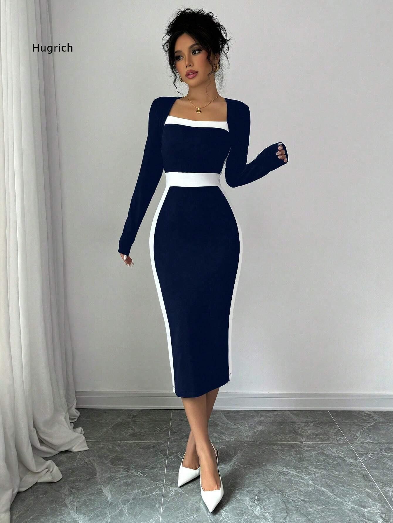 Women Formal Event Wear - Square Neck Long Sleeve Midi Bodycon