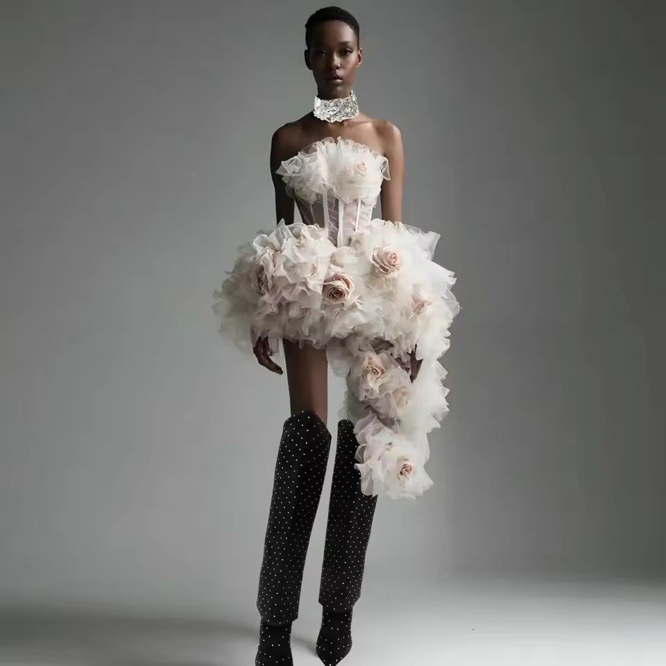 Asymmetrical Floral Short Part - Women Formal Event Wear 评论和价格